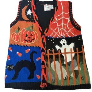 Vintage Halloween Sweater Vest Haunted House Ghost Cat Pumpkin M EclecticGrandma